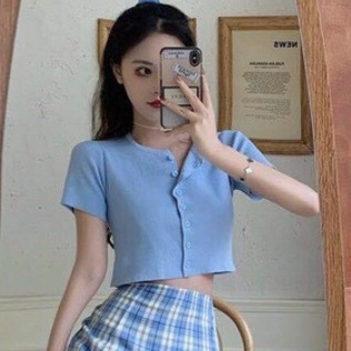 Áo Thun Croptop Có Cúc Cổ Tròn Ngắn Tay Madela Vải Thun Bozip, Ctoptop Đen Cúc Trắng Cổ Tròn Phong Cách Hàn Quốc