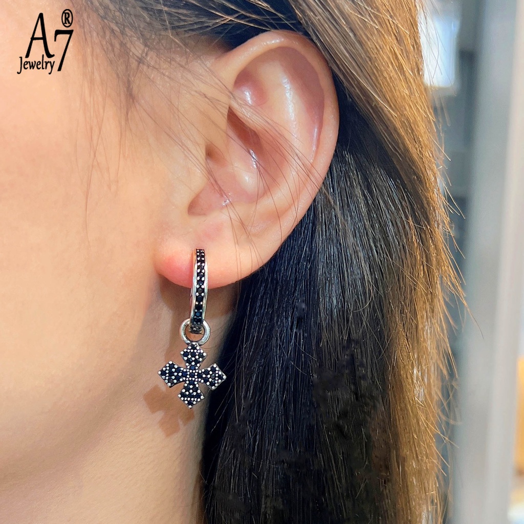 A7| Bông Tai Mạ Bạc 925 Hình Thánh Giá / Vương Miện / Trái Tim Màu Đen