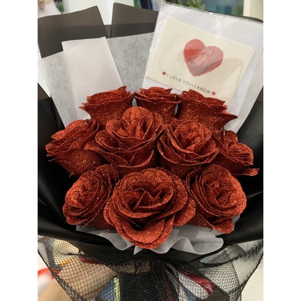 Bó hoa 10 bông hoa hồng nhũ tặng kèm túi thiệp - Quà tặng người yêu, bạn gái valentine 8/3 sinh nhật kỉ niệm