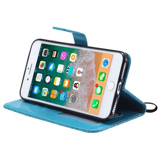 For iPhone 7 Plus/8 Plus Blue Lanyard Relief Flower Leather Flip Case