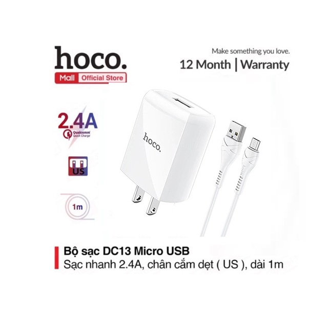 Combo củ sạc và cáp sạc Hoco DC13 Micro 2.4A được thiết kế với chân sạc dạng dẹt 1 cổng USB