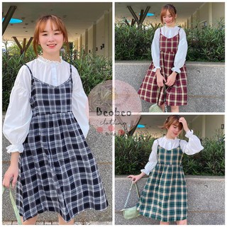 [Ảnh thật] Set áo trắng tay bo phồng kèm đầm yếm 2 dây caro ulzzang
