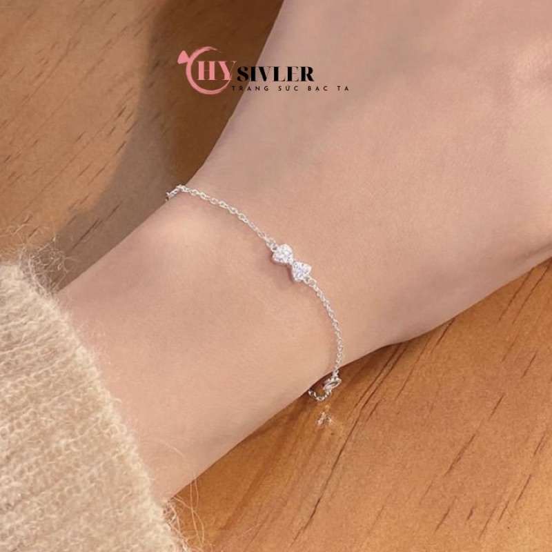 Lắc tay bạc ta nơ đính đá nhỏ xinh nhẹ nhàng vòng tay nữ bạc thật giá rẻ