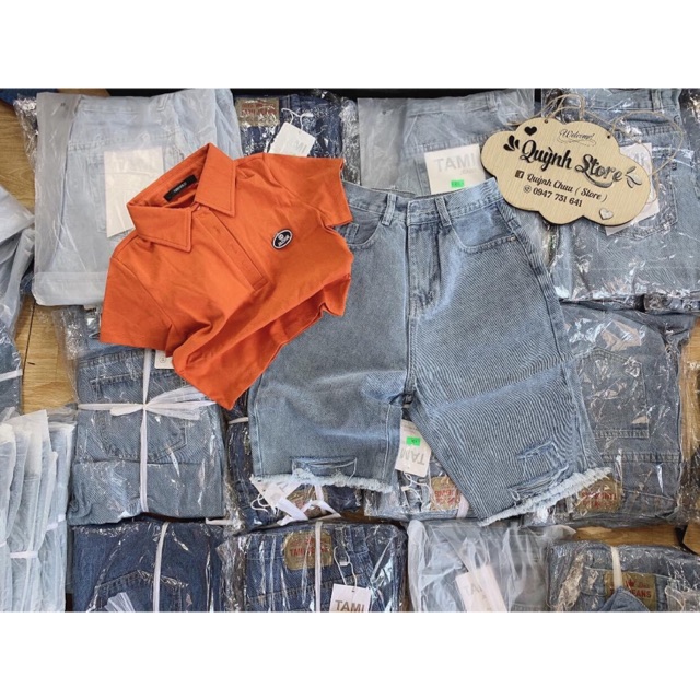 Set Bộ Quần Jeans Ngố + CropTop Logo Cam♻️