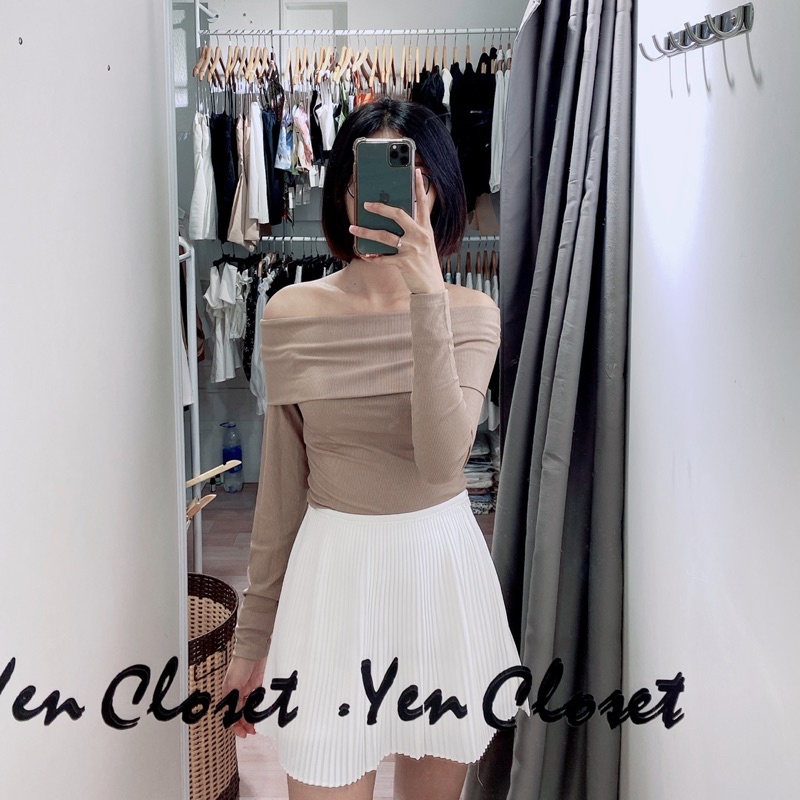 Hình thật - Áo trễ vai tay dài xinh xắn, co giãn