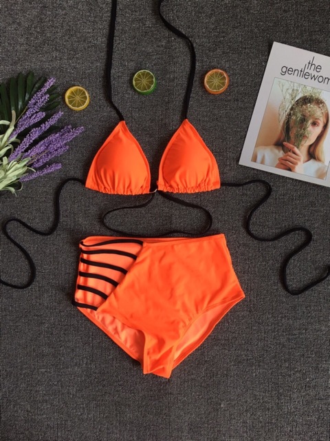 Bikini bộ bơi neon phối đan dây lưng cao