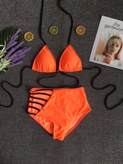 Bikini bộ bơi neon phối đan dây lưng cao