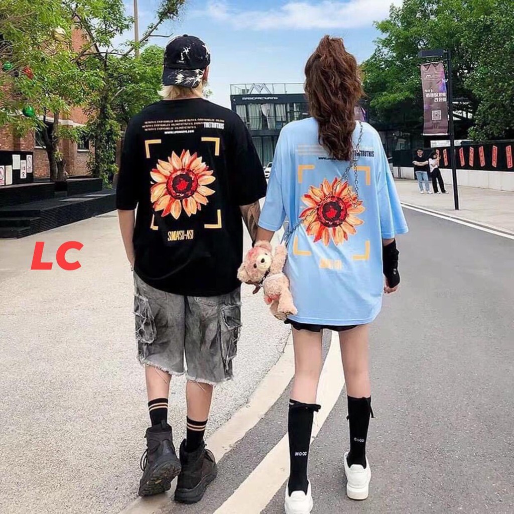 Áo thun unisex tay lỡ nam nữ form rộng Hoa Hướng Dương oversize hai màu xanh đen basic tee phông full size
