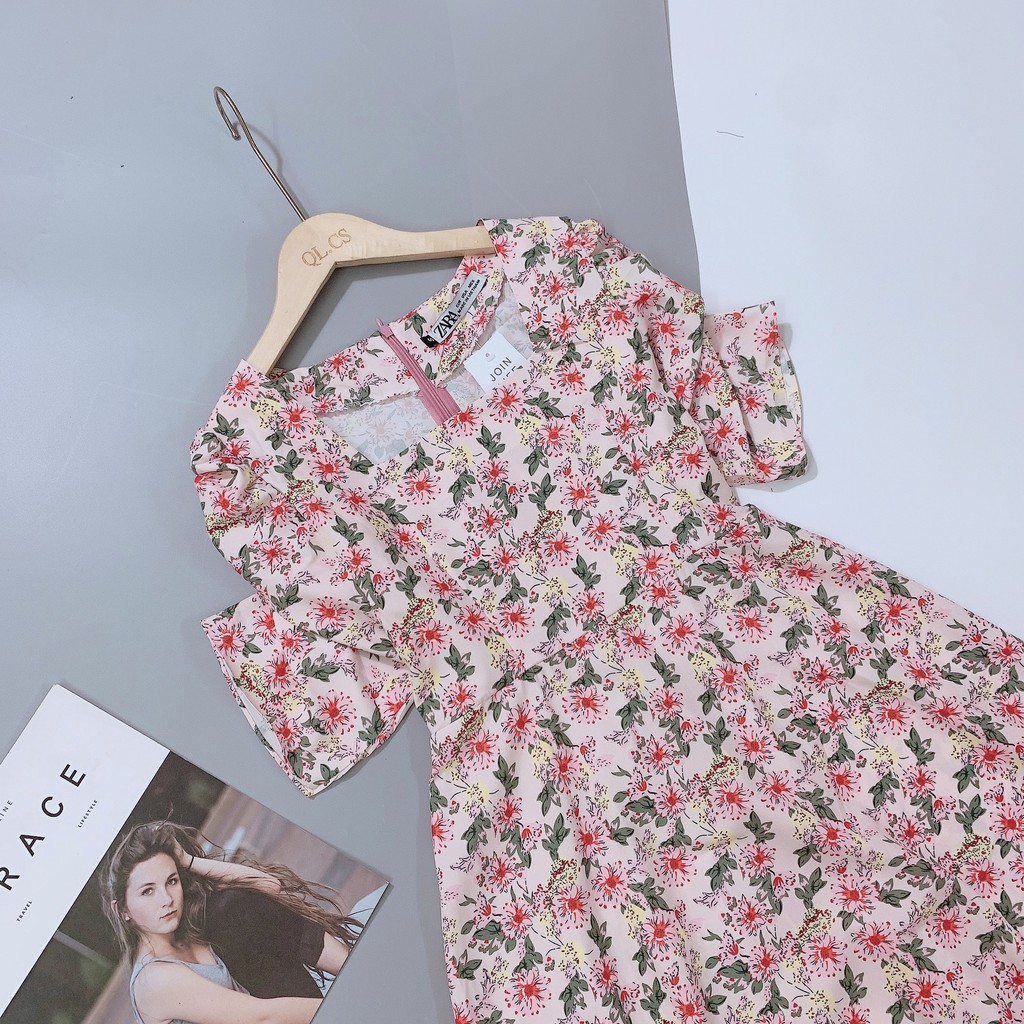 VN73 - VÁY HOA HỒNG CỔ VUÔNG TAY CHUN NỮ | BigBuy360 - bigbuy360.vn