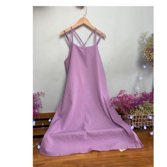 Đầm 2 dây đi biển màu tím chất đũi siêu mát