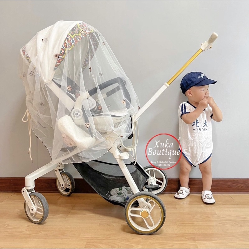 Màn Che Xe Đẩy Style Hàn Quốc Chống Muỗi và Côn Trùng Cao Cấp Cho Em Bé, Thêu Tay Gấu Thỏ Mềm
