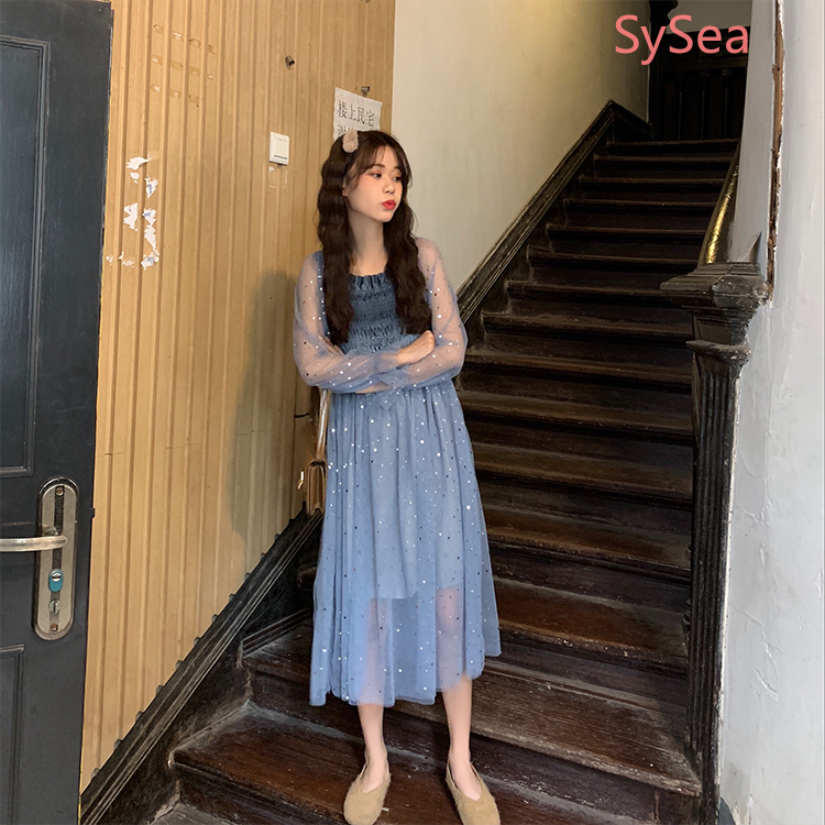 Đầm Voan Nữ Tay Dài Họa Tiết Ngôi Sao Lấp Lánh Xinh Xắn Lộng Lẫy