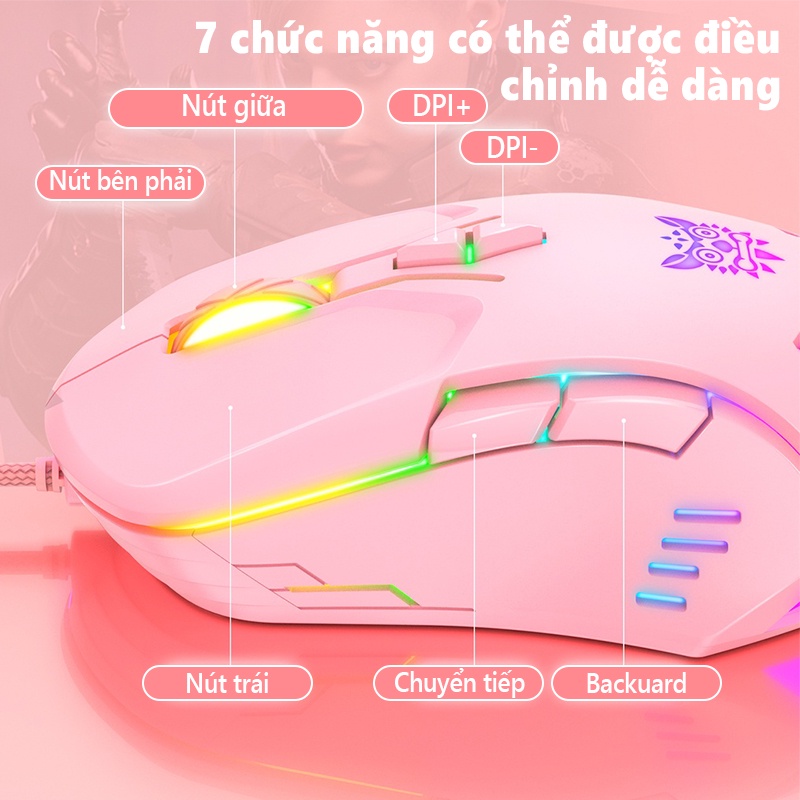 Chuột chơi game có dây ONIKUMA CW902 màu hồng với đèn RGB