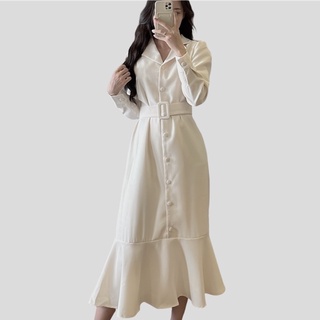 Váy đầm nhung tăm đai eo, cổ vest đuôi cá