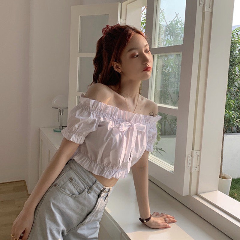 Áo croptop nữ tay ngắn hở bụng bẹt vai hở vai thắt nơ dễ thương ulzzang ( 3 màu )