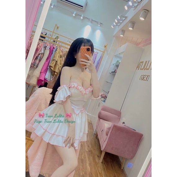 Set Đầm Cúp Ngực Viền Bèo Đỏ Đen Trễ Vai Kèm Chân Váy Xoè Tầng
