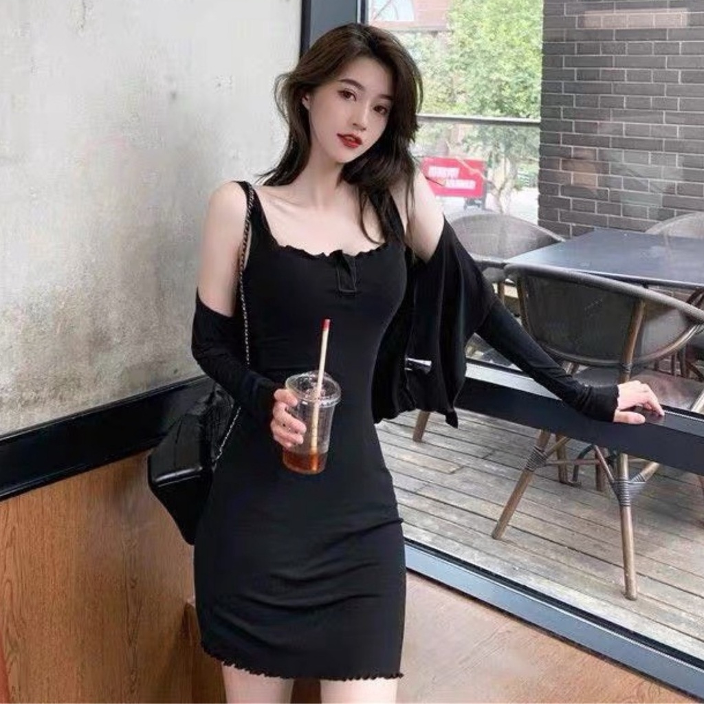Set váy body kèm áo choàng tay dài 2 màu đen ghi siêu quyến rũ