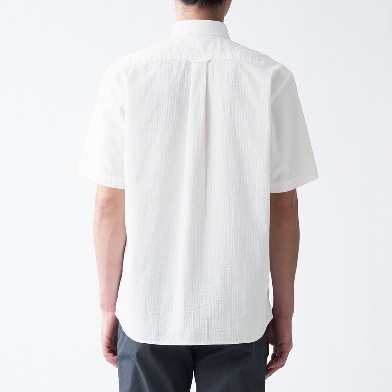 Muji Áo Sơ Mi Vải Seersucker Washed Cổ Cài Nút Ngắn Tay
