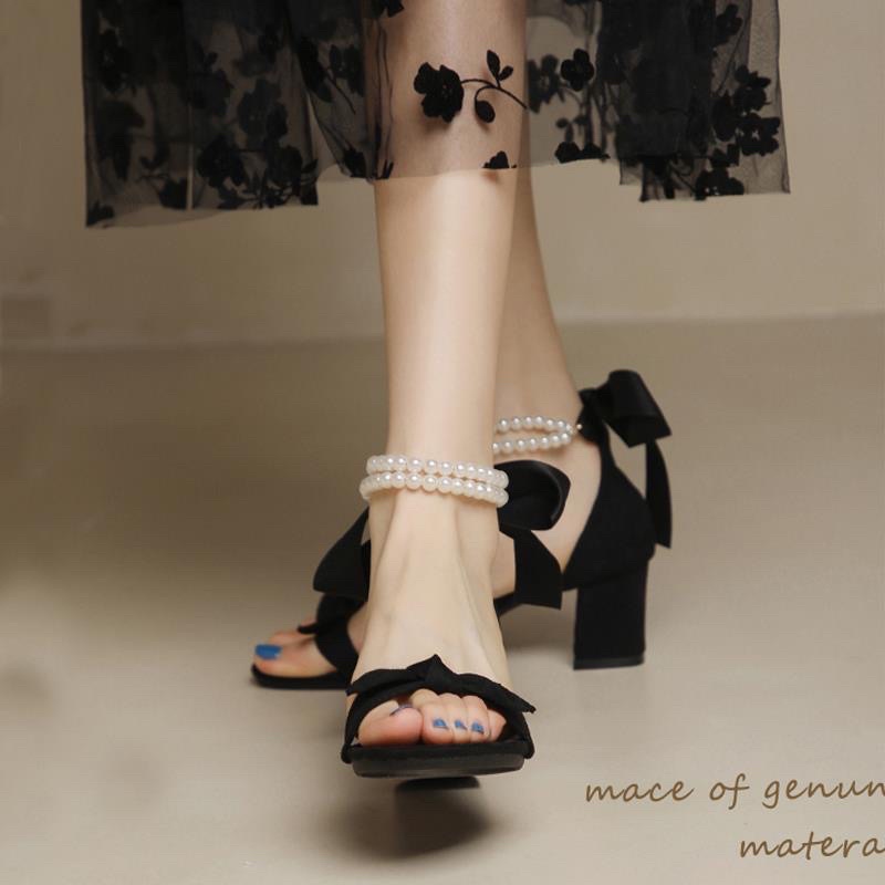 Giày cao gót nữ Cao Cấp đế vuông thắt nơ 7 phân, giày sandal 7 phân quai ngọc hottrend mã SZ01
