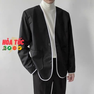 Áo blazer nam phối viền trắng phong cách Hàn Quốc thanh lịch, không cổ, hai lớp