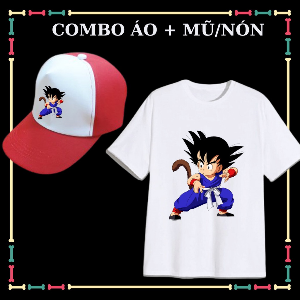 COMBO ÁO + MŨ/NÓN IN HÌNH SONGOKU CHO BÉ TRAI- (TỪ 10 KG ĐẾN 90KG, ĐỦ SIZE ÁO)