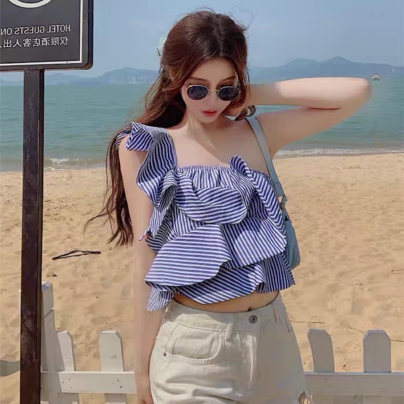 Áo croptop bèo nhún tầng kẻ sọc taobao(video sản phẩm shop tự quay)