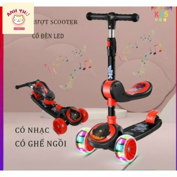 Xe Trượt Xe Scooter Cho Bé có ghế ngồi Bánh Có Đèn, Nhạc 3 in 1, gấp gọn Chịu Lực 90KG .