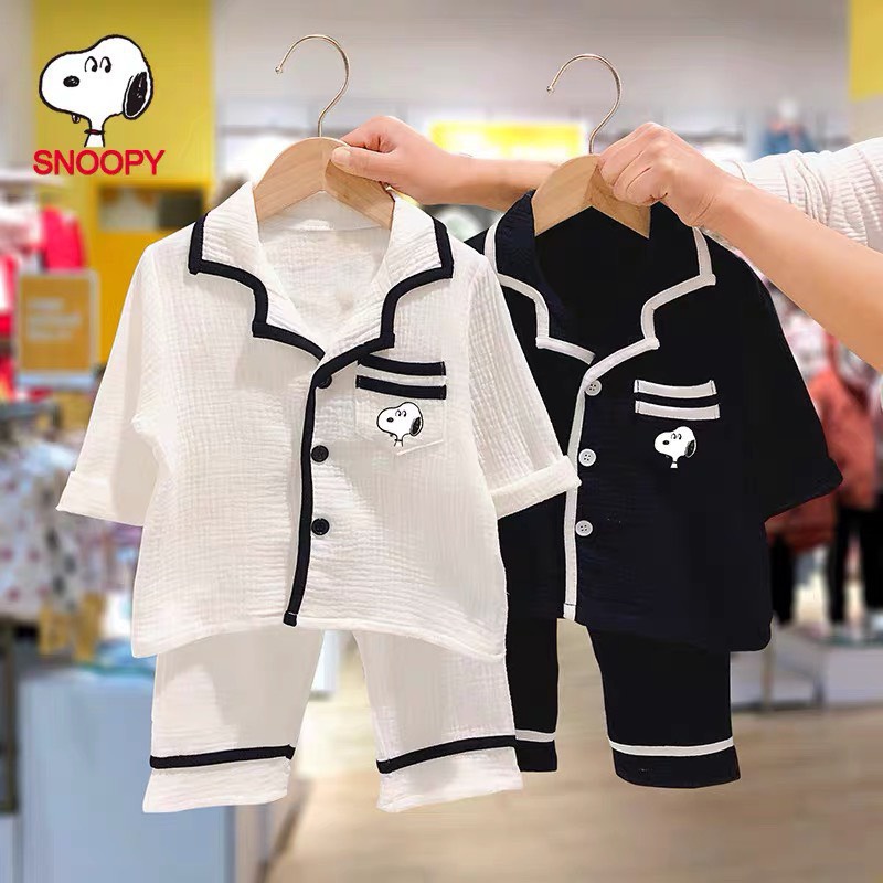 Pijama cho bé, bộ pijama đũi xốp chạy né họa tiết chú chó trên túi ngực cho bé trai bé gái