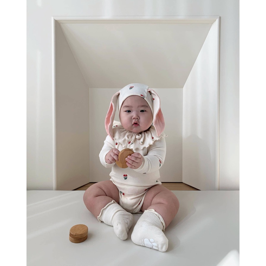 Bộ Áo Liền Quần Tay Ngắn In Hình Thỏ + 1 Nón Cho Bé Gái Sơ Sinh