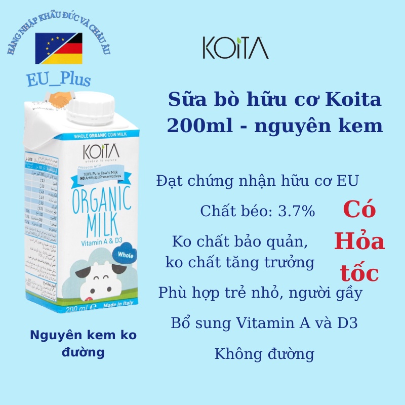 Sữa Koita 200ml Ý vị dâu, socola, nguyên kem không đường