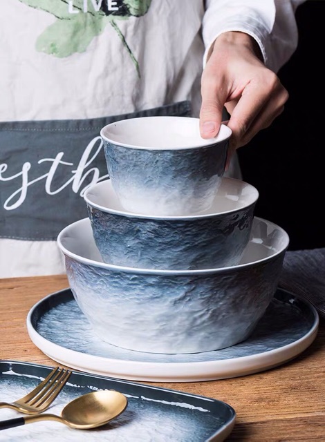 Link tách lẻ set bát đĩa sứ vân đá sóng nước xanh đĩa bít tết, salat đồ Âu cao cấp