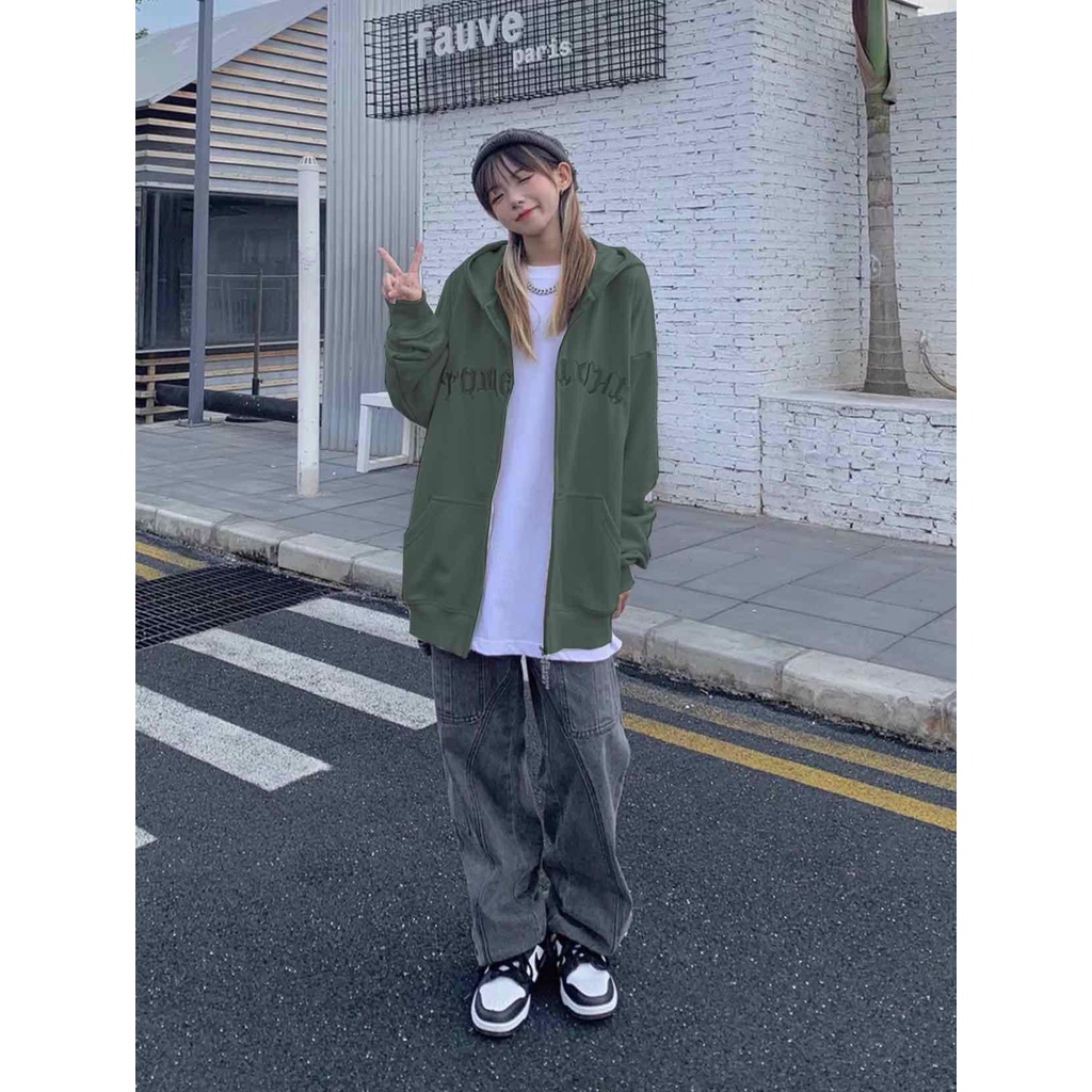 Áo hoodie zip nỉ nam nữ UNISEX fom rộng thêu chữ 2 màu xanh rêu, đen- Áo khoác nỉ dài tay mũ hoodie nam nữ thu đông hàn