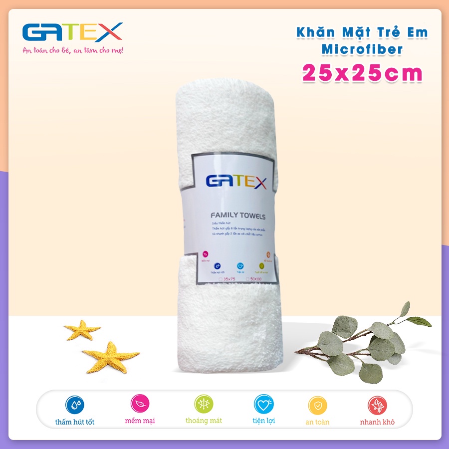 Set Combo Khăn Mặt Trẻ Em Microfiber 25x25cm GATEX Siêu Mềm Mịn, Siêu Thấm Hút