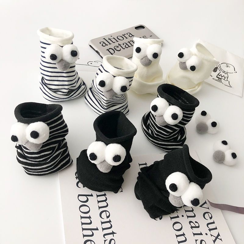 Vớ Ren Kẻ Sọc Trắng Đen Họa Tiết Đôi Mắt To Hoạt Hình Phong Cách Nhật Bản Đáng Yêu Cho Nữ