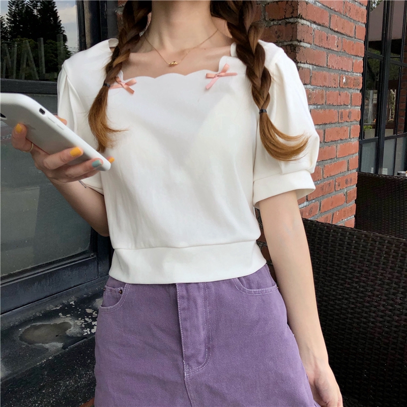 SUXI Áo Thun Ngắn Tay Phối Nơ Xinh Xắn Dành Cho Nữ