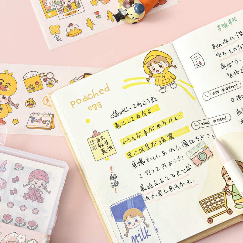 Hộp 100 tờ nhãn dán họa tiết bé gái hoạt hình đáng yêu trang trí sổ tay sổ lưu niệm DIY