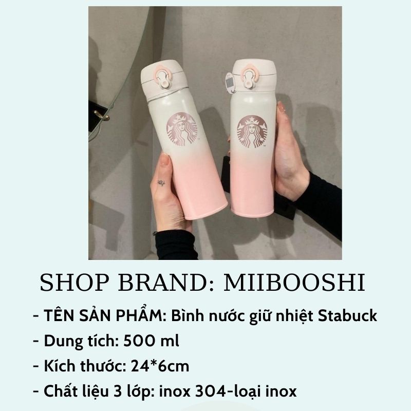 Bình nước giữ nhiệt nóng lạnh Stabuck chất liệu inox 304 màu hồng loang 500 ml Miibooshi D2.099