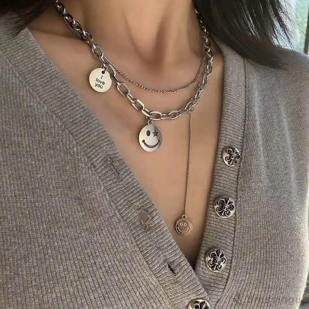 DRE-Women Layered Necklace , Alloy Smile Face Charm Chain Necklace , Silver