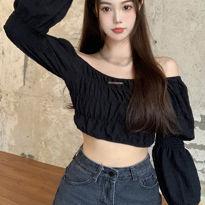Áo kiểu croptop tay dài phồng trễ vai ôm dáng phong cách Hàn Quốc thời trang quyến rũ cho nữ