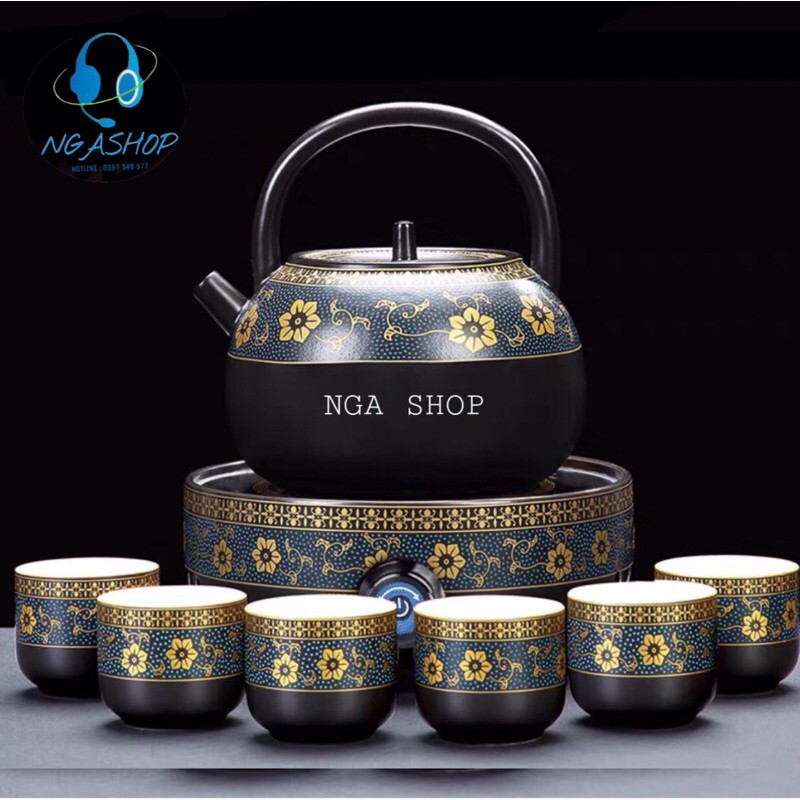 Bếp đun nước pha trà & cafe hồng ngoại mini cao cấp gốm sứ,bếp gốm điện trầm hương đa năng màu xanh 