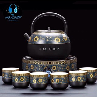 Bếp đun nước pha trà & cafe hồng ngoại mini cao cấp gốm sứ,bếp gốm điện trầm hương đa năng màu xanh hoa cẩm ,500W