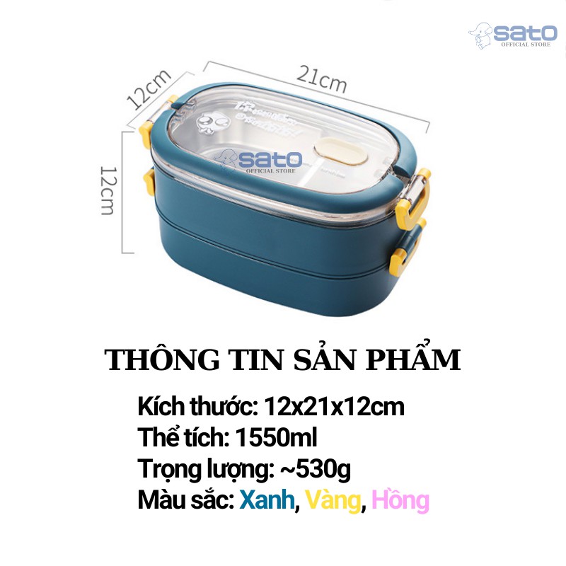 Hộp đựng cơm văn phòng inox 2 tầng, Hộp cơm giữ nhiệt 3 ngăn lúa mạch dùng cho lò vi sóng Lunch Box