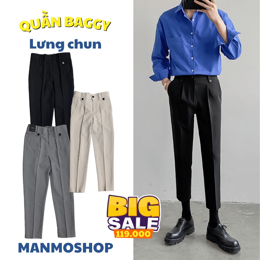 Quần baggy nam ống rộng cạp cao Manmoshop, quần âu nam lưng chun dáng suông chất tăm Hàn không nhăn xù