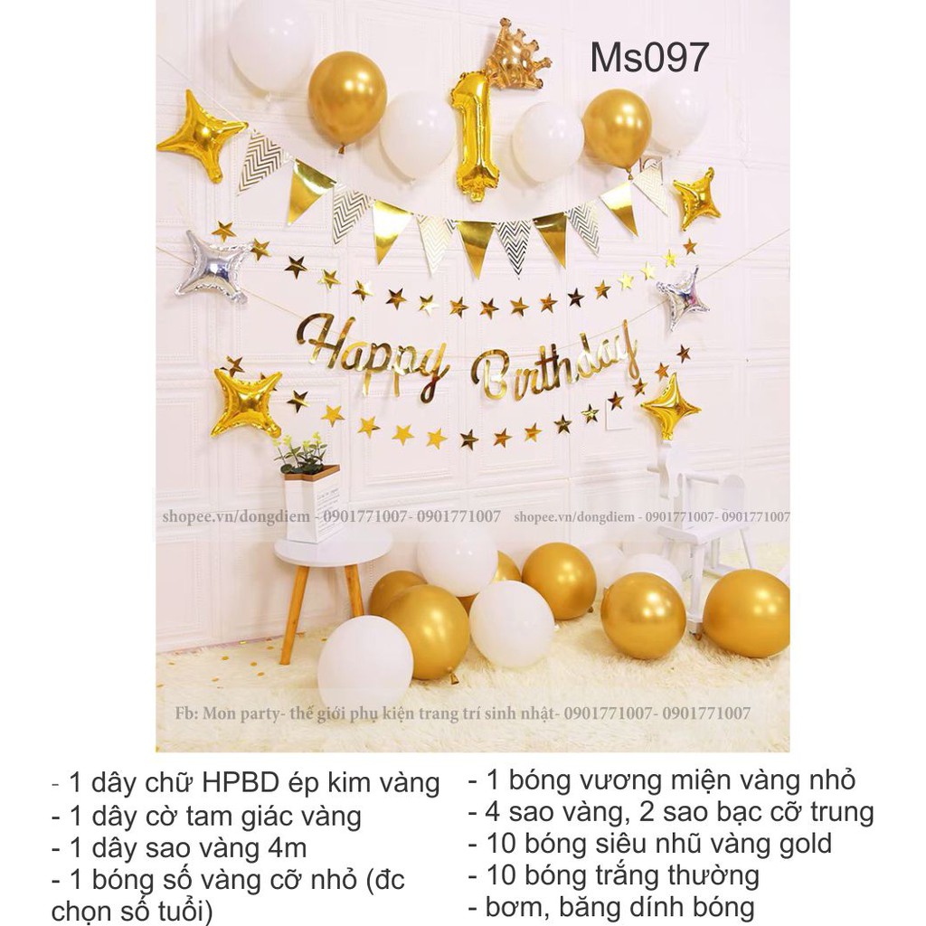 Trang trí sinh nhật đẹp Mon Party Set bóng sinh nhật, bóng bay sinh nhật tone vàng gold giá rẻ ảnh thật