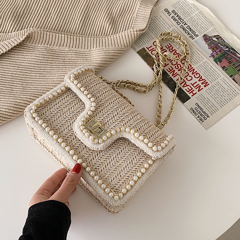 Túi Cói Đeo Chéo Dây Mắt Xích Thời Trang Dành Cho Nữ