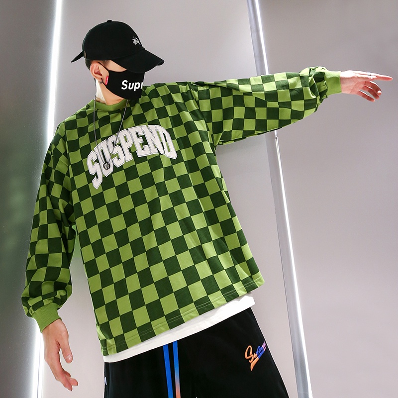 Áo thun tay dài cổ tròn dáng rộng sọc caro phong cách hip hop đường phố Hồng Kông dành cho bạn nam