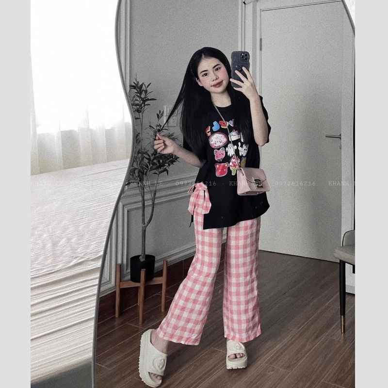 [ 𝐅𝐑𝐄𝐄 𝐒𝐇𝐈𝐏 ]SÉT ÁO PHÔNG Love MIX QUẦN SUÔNG CARO HỒNG , ÁO COTTON MỀM MIN LẮM Ạ