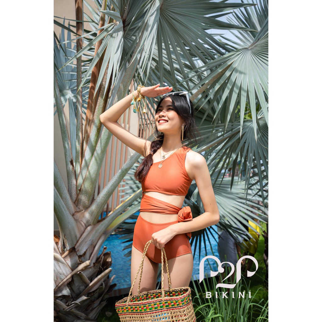 P2P BIKINI - Đồ bơi một mảnh lệch vai, thắt nơ - Cam đất - MN350M_LV