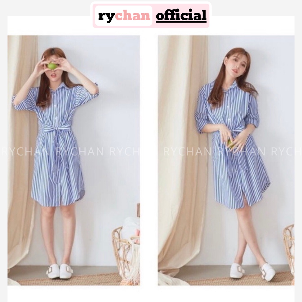 Đầm Nữ Đi Chơi Form Ngắn Sọc Xanh Cổ Sơ Mi Tay Lửng Chéo Eo - DX9800