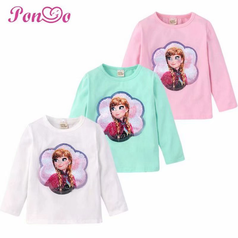 Áo Thun Tay Dài Đính Kim Sa Lấp Lánh Cho Bé Gái 1-8 Tuổi